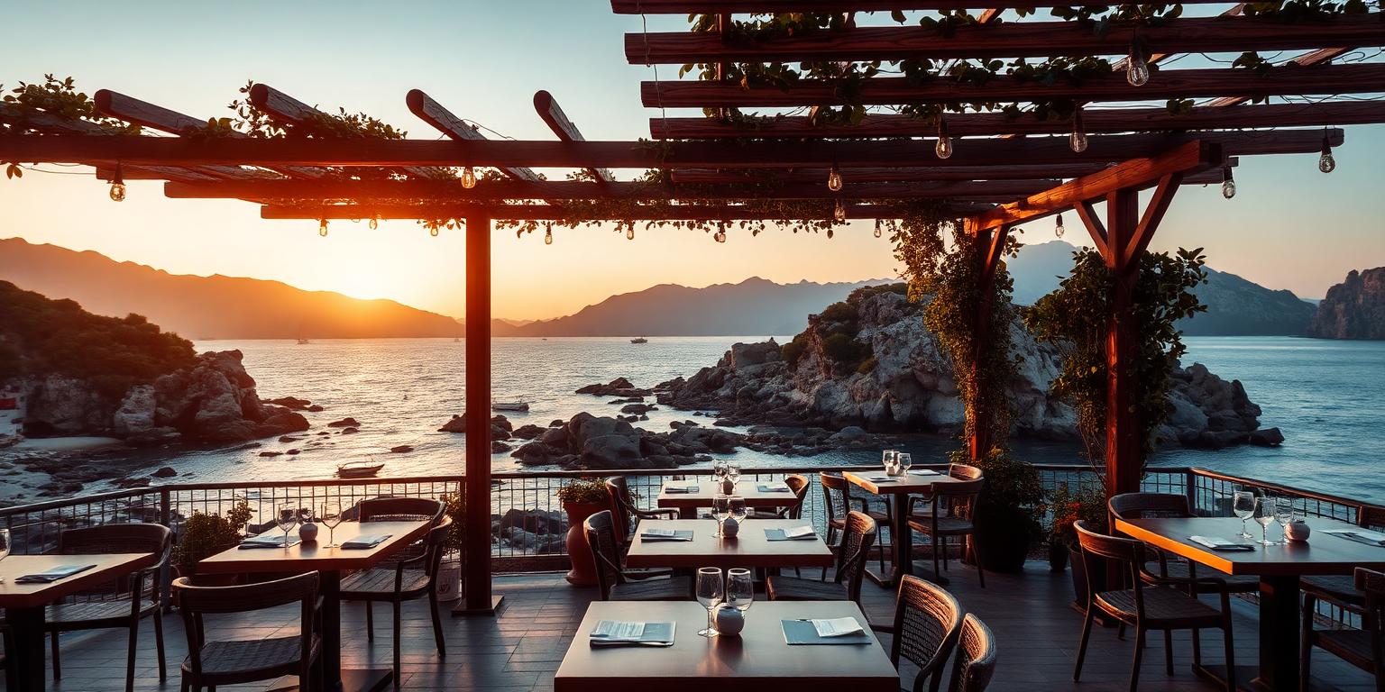 Terraza de restaurante con vistas al mar al atardecer