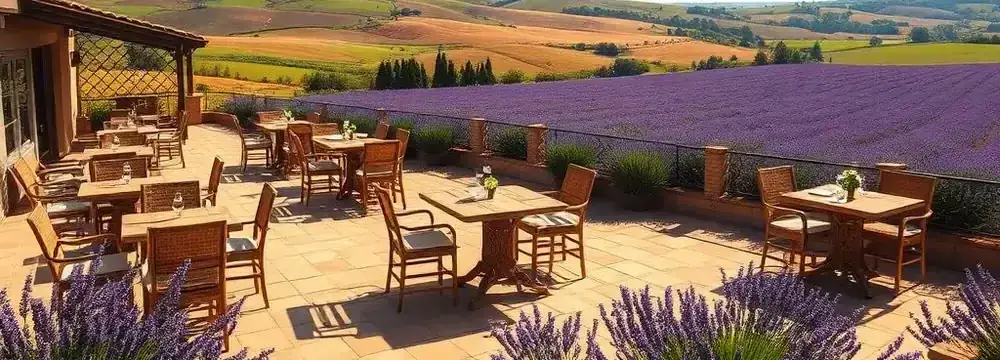 Terraza entre campos de lavanda con mesas al sol, paisaje tranquilo y abierto